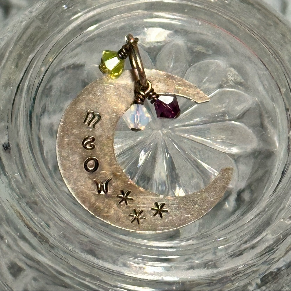 Sterling Silver Crescent Moon Meow Pendant with Crystals